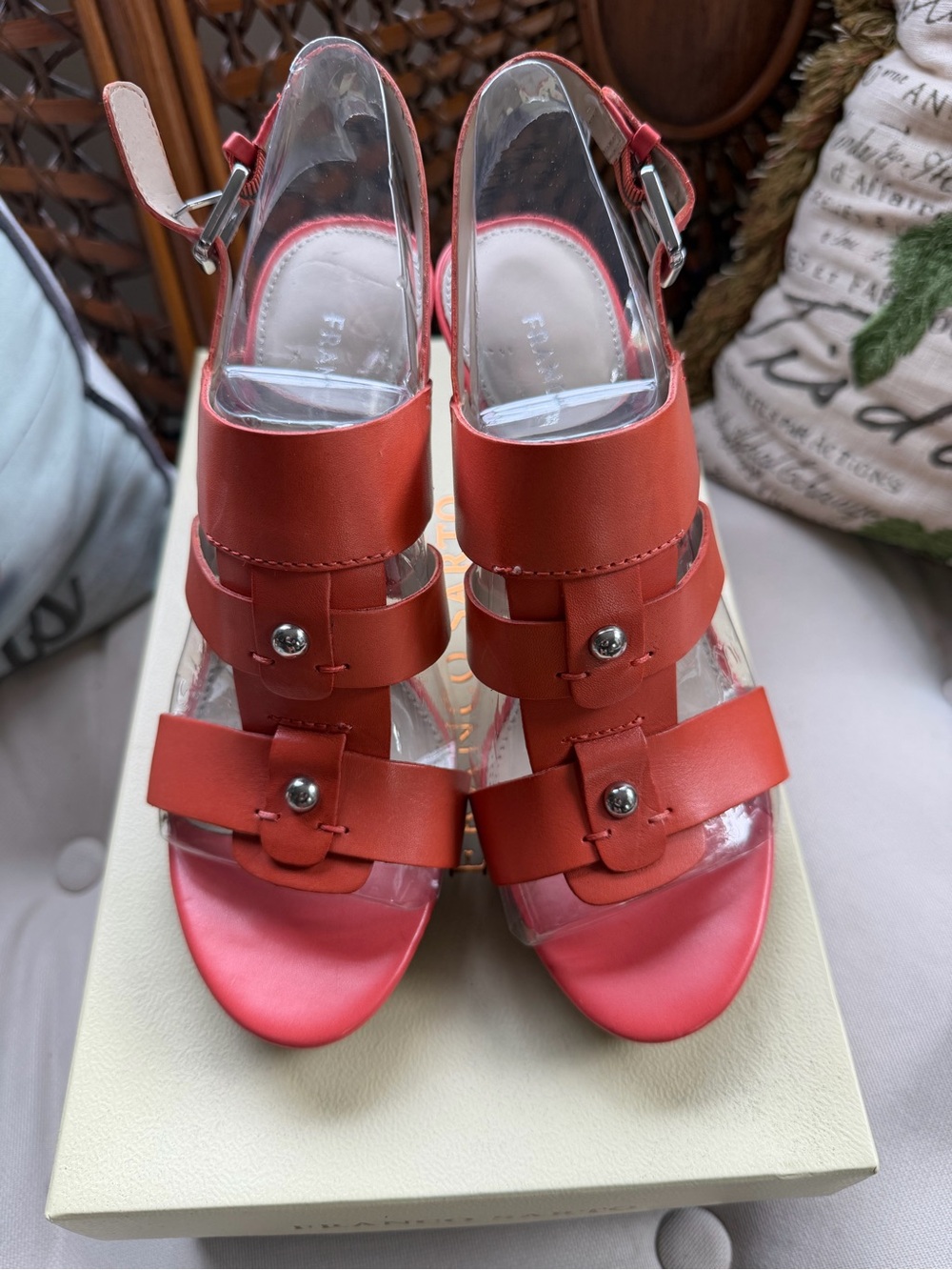 Franco Sarto Orange-Red Strappy Buckle Heels
